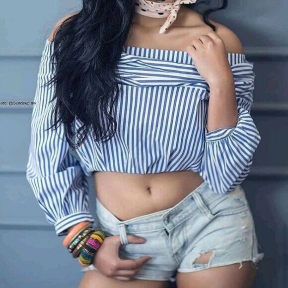 Blue & White Striped Off-Shoulder Crop Top By Zara Basic Collection With Long Sl - Picture 1 of 7